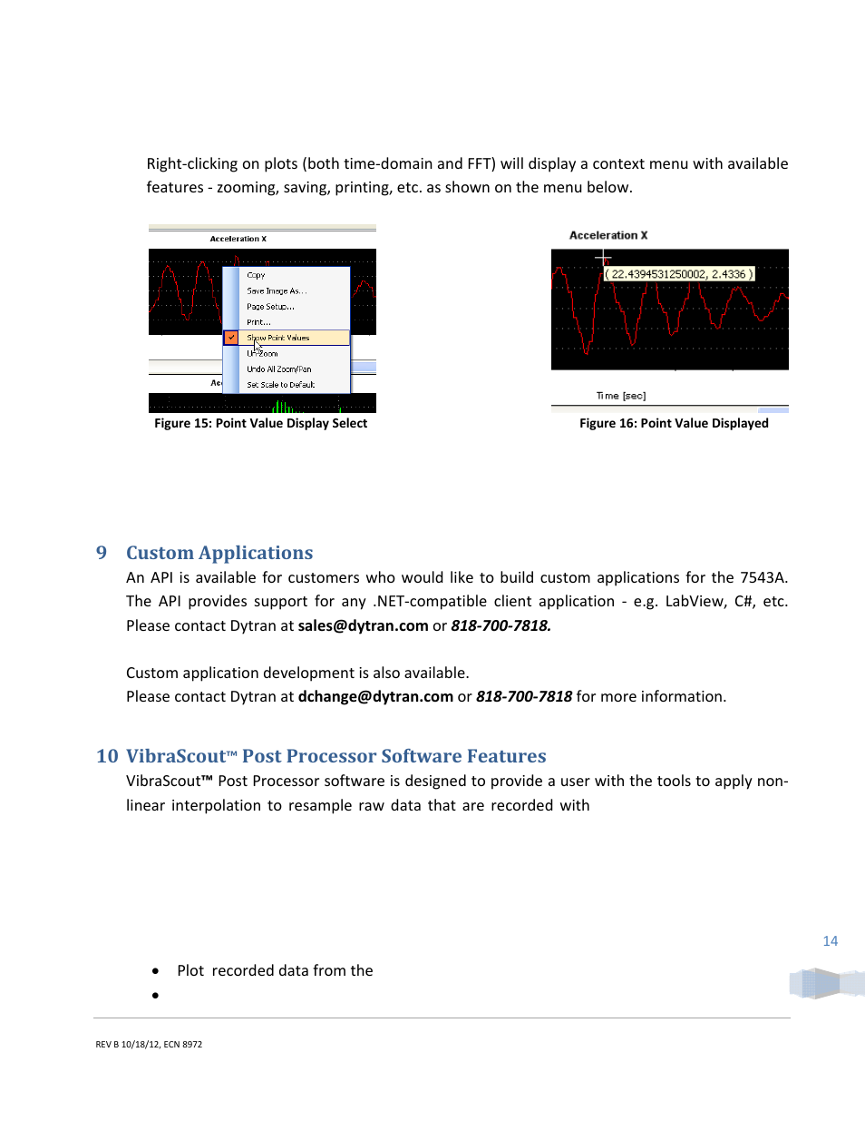 9 custom applications, 10 vibrascout, Post processor software features | Cooper Instruments & Systems Dytran 5340 USB Triaxial Accelerometer User Manual | Page 14 / 22