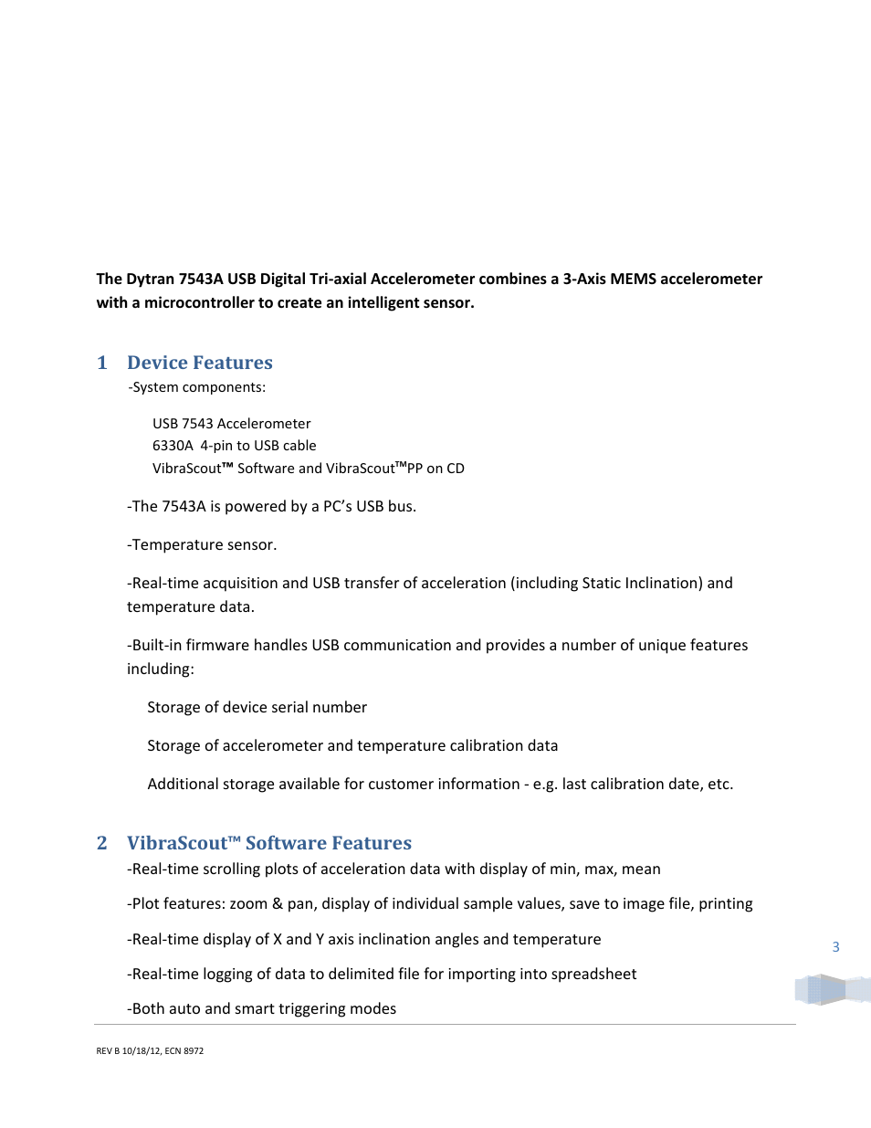 1 device features, 2 vibrascout™ software features | Cooper Instruments & Systems Dytran 5340 USB Triaxial Accelerometer User Manual | Page 3 / 22