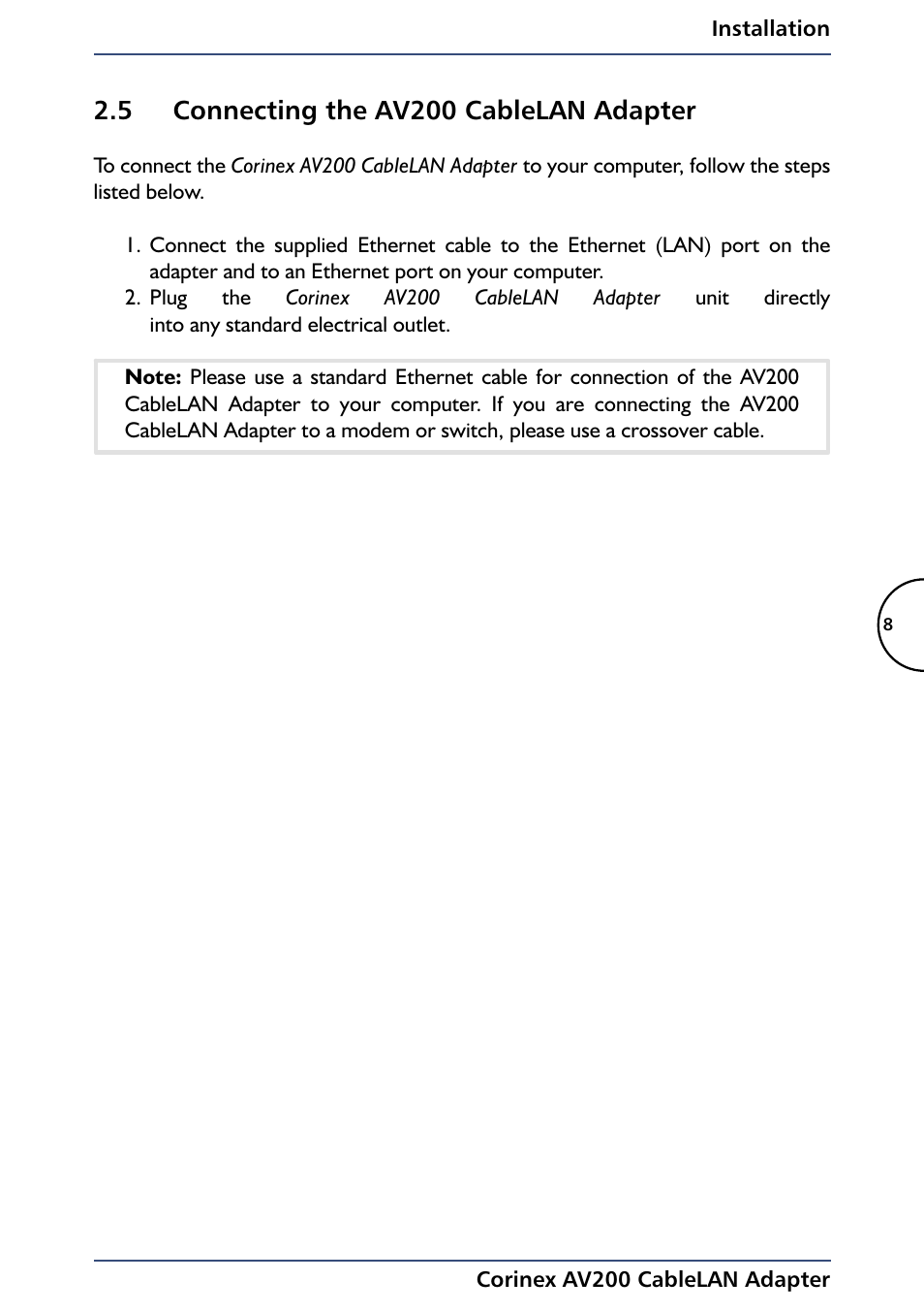 5 connecting the av200 cablelan adapter | Black Box AV200 User Manual | Page 10 / 44