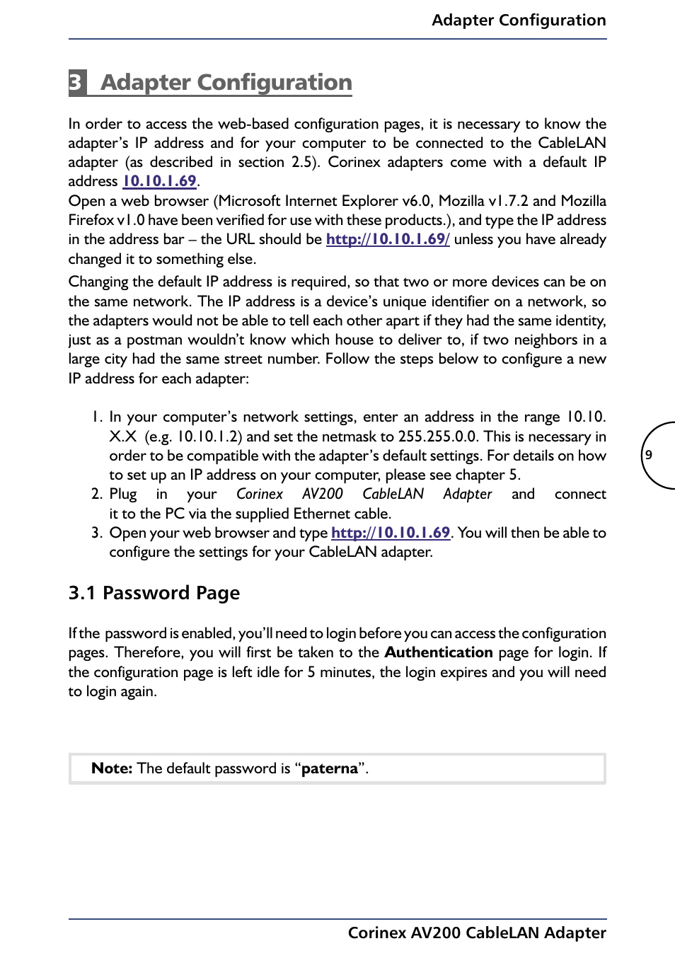 3adapter configuration, 1 password page | Black Box AV200 User Manual | Page 11 / 44