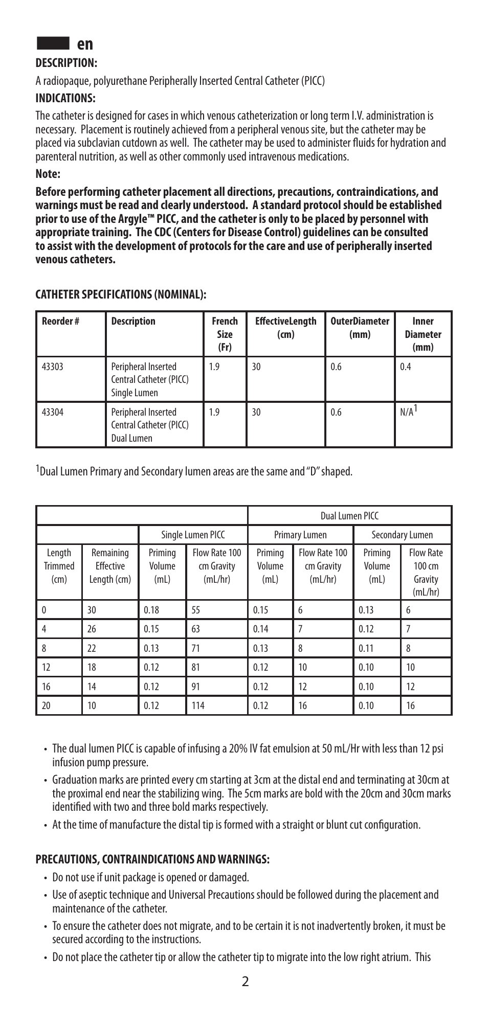 COVIDIEN Argyle™ Peripherally Inserted Central Catheter User Manual | Page 2 / 18