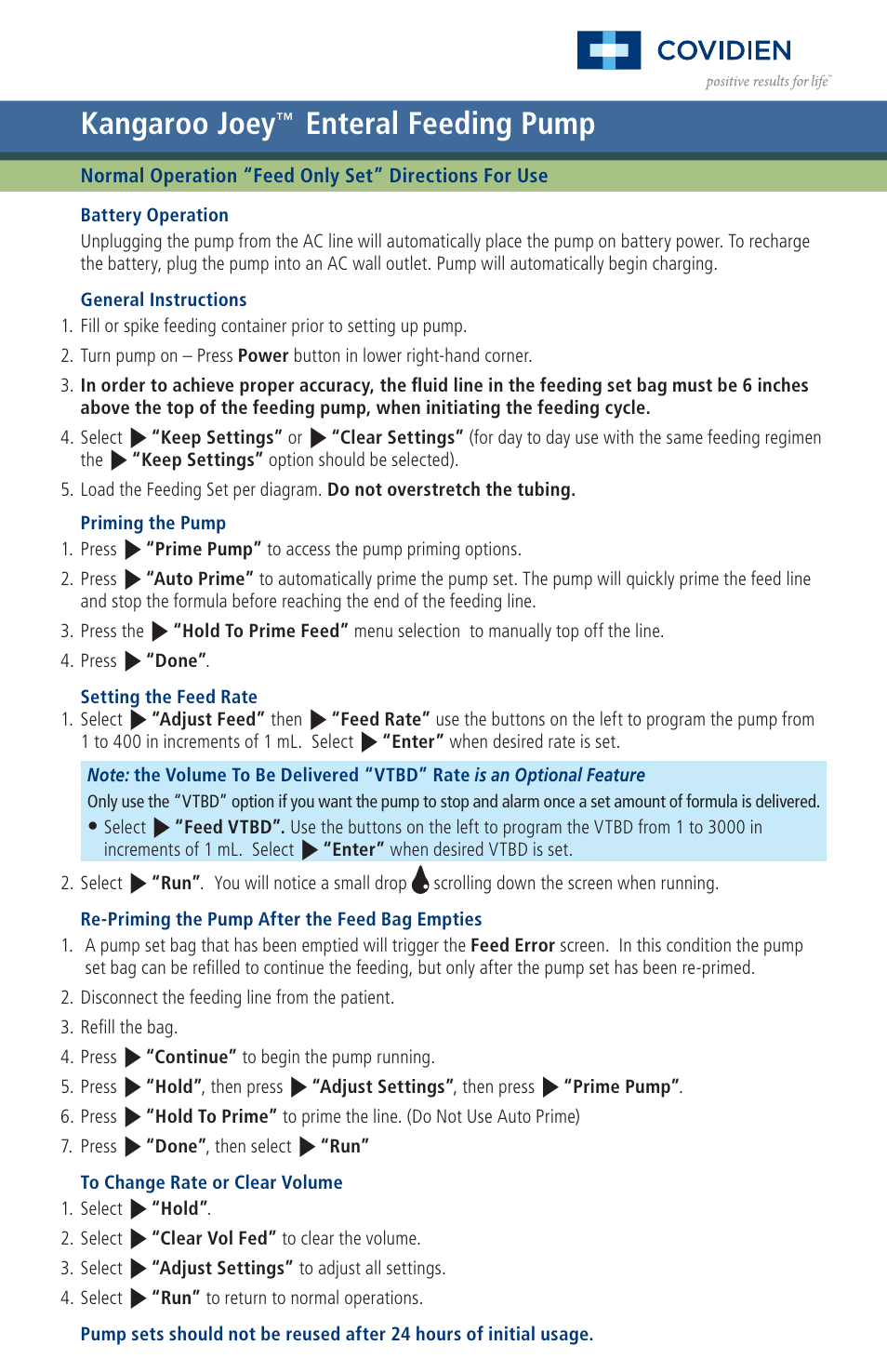 COVIDIEN Kangaroo™ ePump Normal User Manual | 2 pages