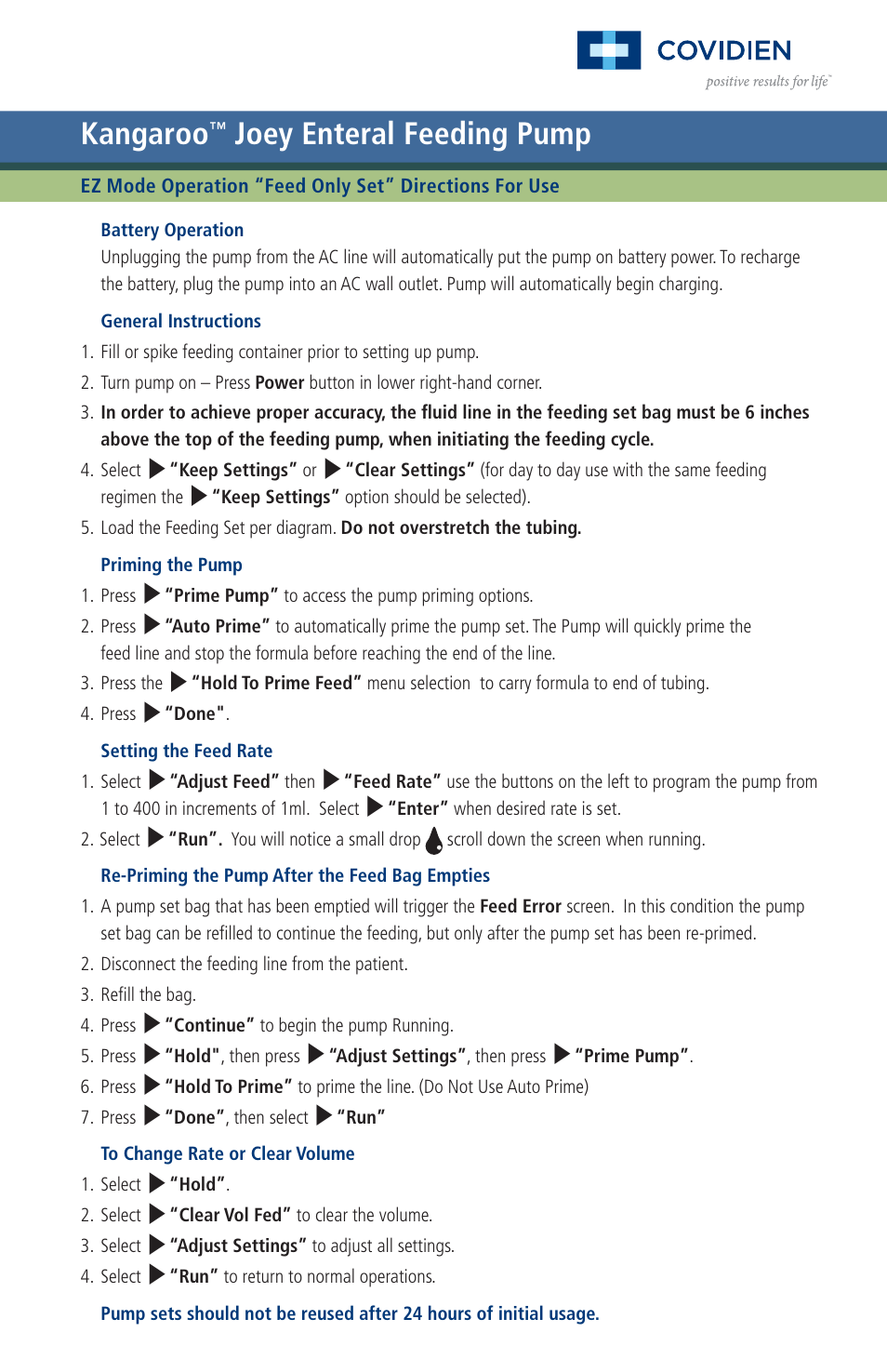 COVIDIEN Kangaroo™ Joey EZ User Manual | 2 pages