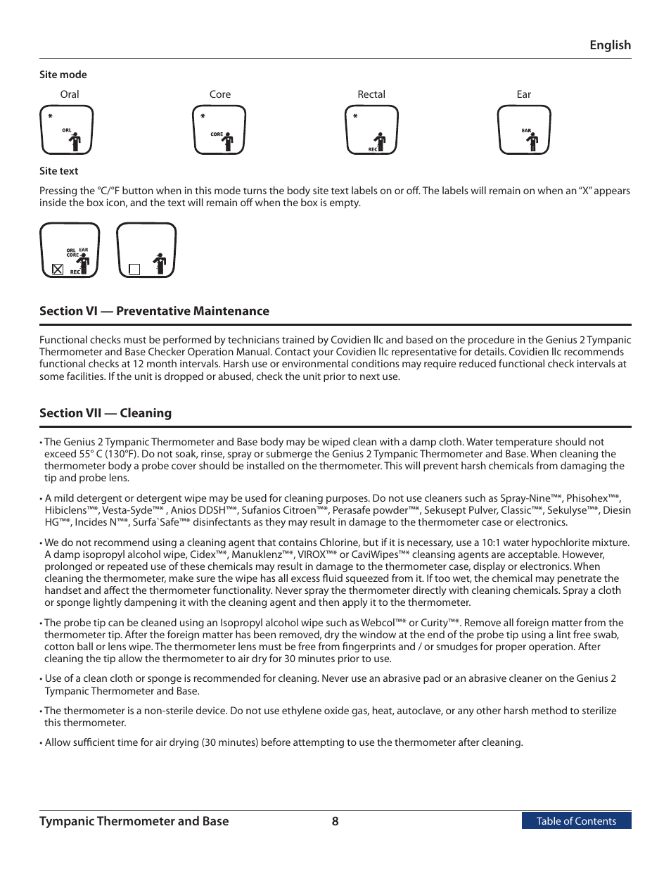 Section vi, Preventative maintenance, Section vii | Cleaning | COVIDIEN Genius™ 2 Tympanic Thermometer User Manual | Page 11 / 19