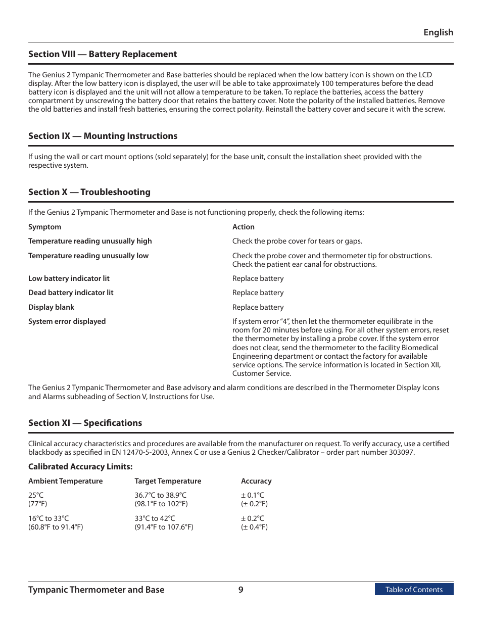 Section viii battery replacement, Section ix, Mounting instructions | Section x, Troubleshooting, Section xi, Specifications | COVIDIEN Genius™ 2 Tympanic Thermometer User Manual | Page 12 / 19