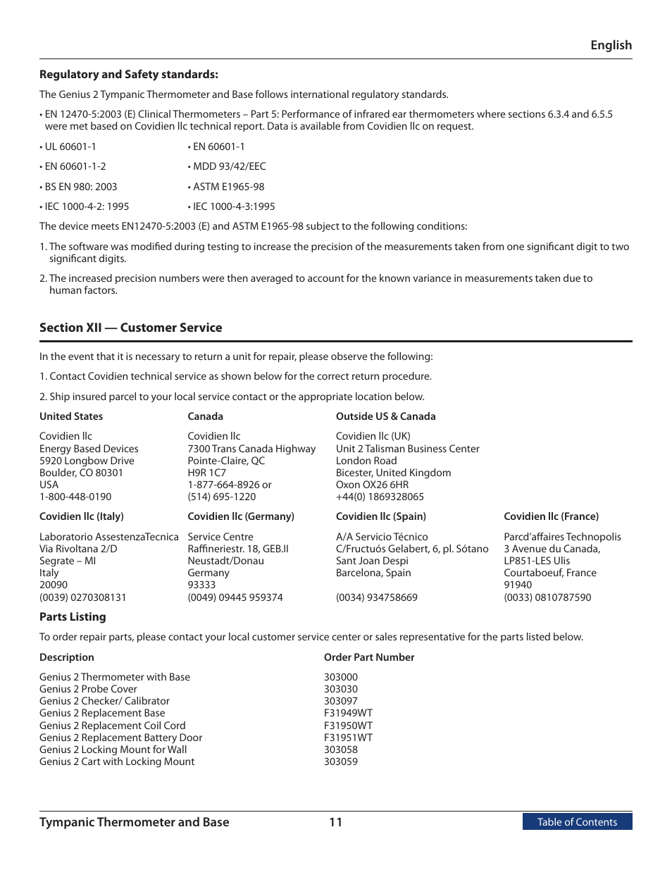 Section xii, Customer service | COVIDIEN Genius™ 2 Tympanic Thermometer User Manual | Page 14 / 19