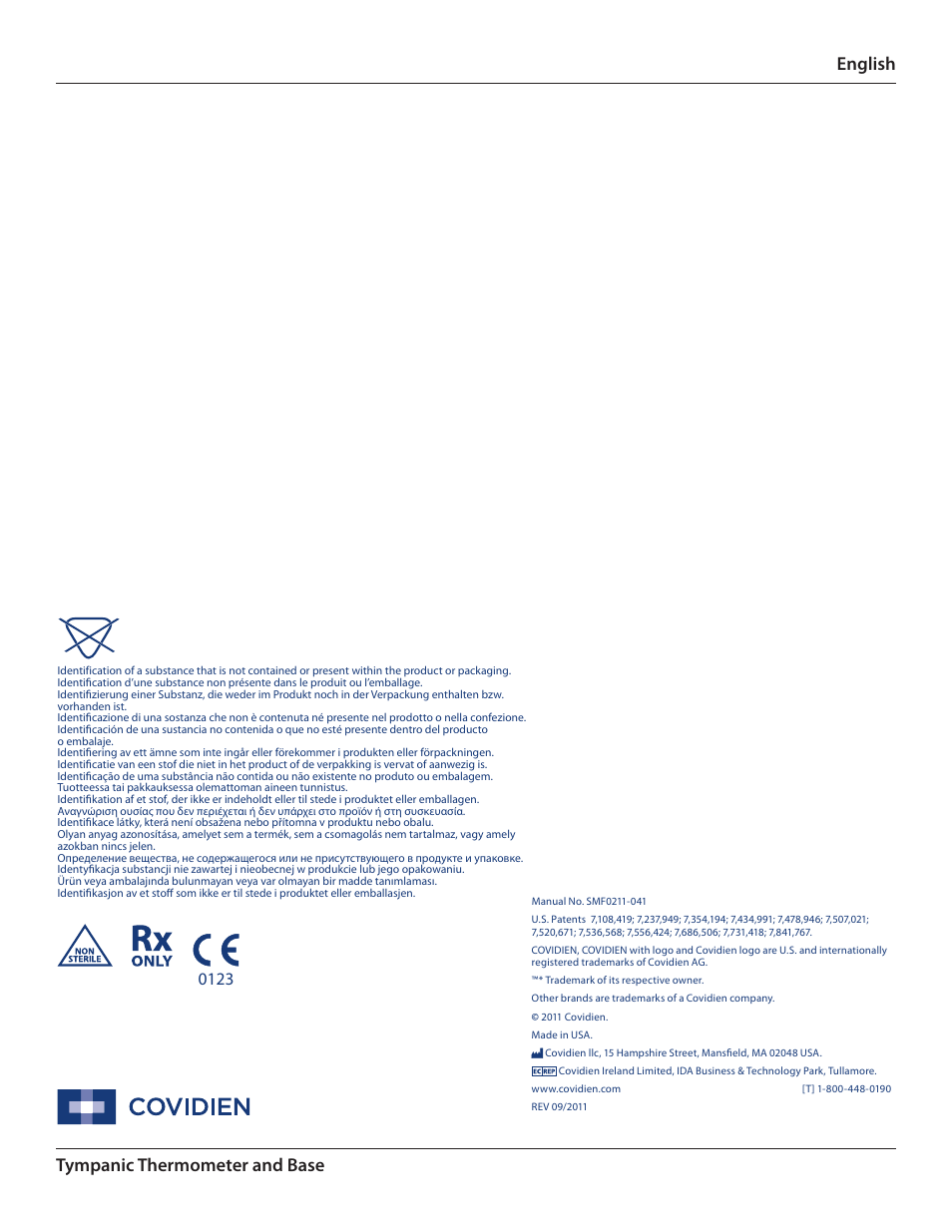Tympanic thermometer and base english | COVIDIEN Genius™ 2 Tympanic Thermometer User Manual | Page 19 / 19