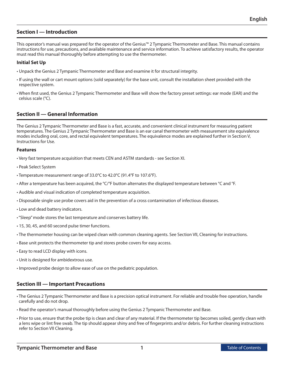 Section i, Introduction, Initial set up | Section ii, General information, Features, Section iii, Important precautions | COVIDIEN Genius™ 2 Tympanic Thermometer User Manual | Page 4 / 19