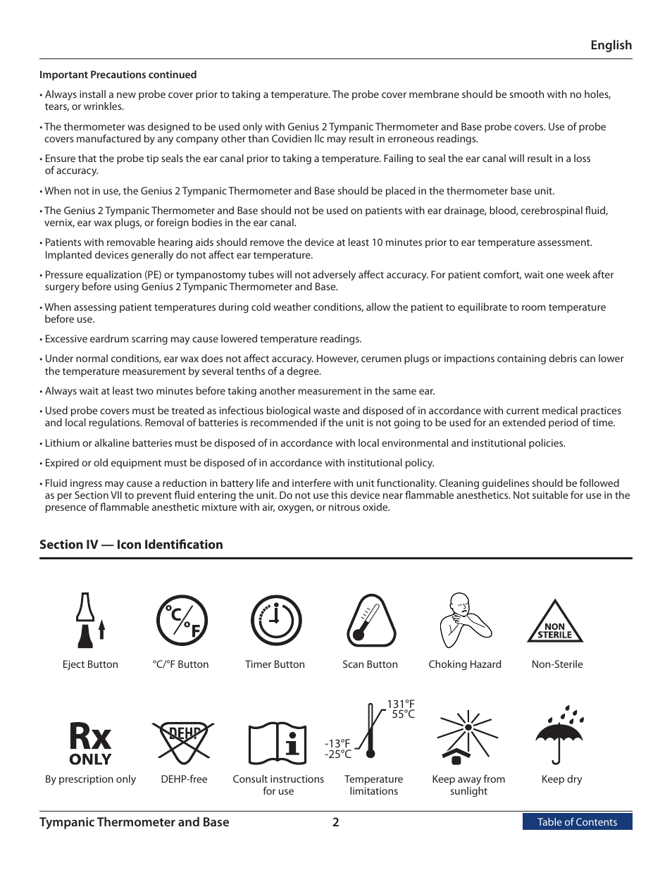 Section iv, Icon identification | COVIDIEN Genius™ 2 Tympanic Thermometer User Manual | Page 5 / 19