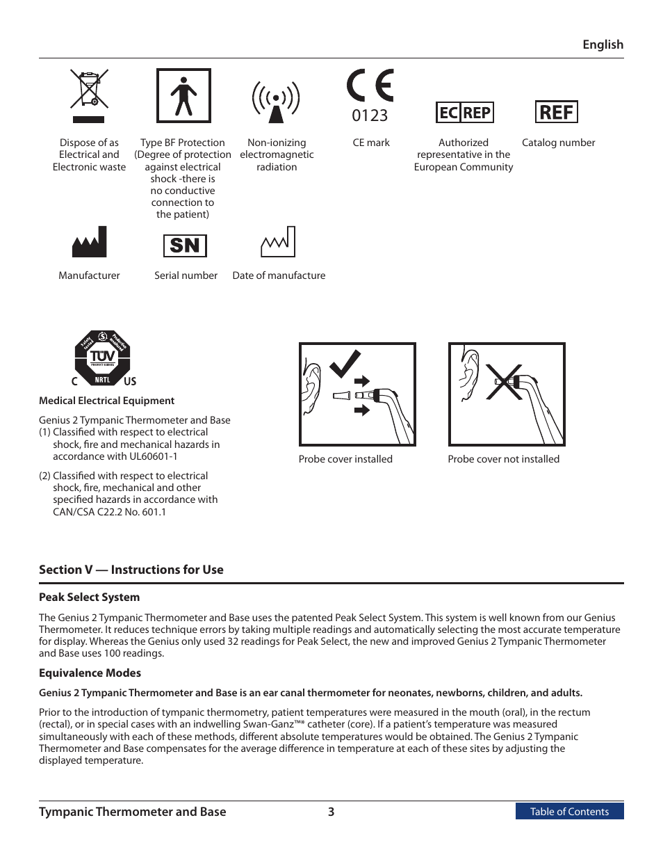 Section v, Instructions for use, Peak select system | Equivalence modes | COVIDIEN Genius™ 2 Tympanic Thermometer User Manual | Page 6 / 19