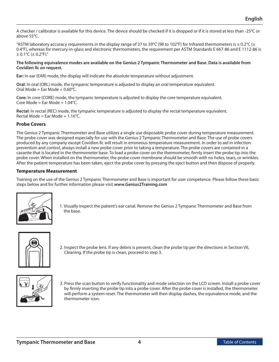 Probe covers, Temperature measurement | COVIDIEN Genius™ 2 Tympanic Thermometer User Manual | Page 7 / 19