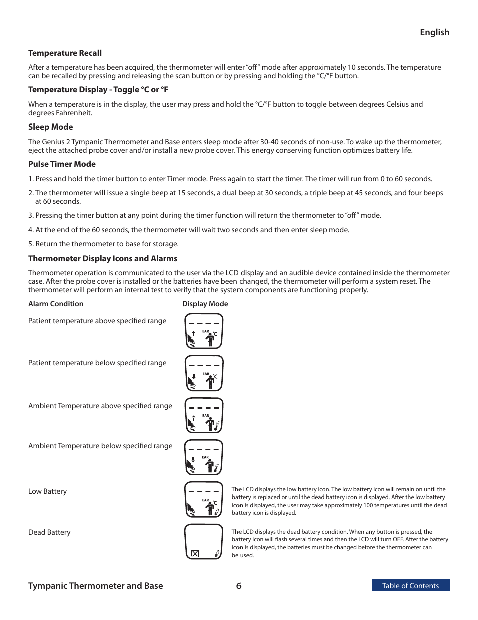 Temperature recall, Temperature display - toggle, Sleep mode | Pulse timer mode, Thermometer display icons and alarms | COVIDIEN Genius™ 2 Tympanic Thermometer User Manual | Page 9 / 19