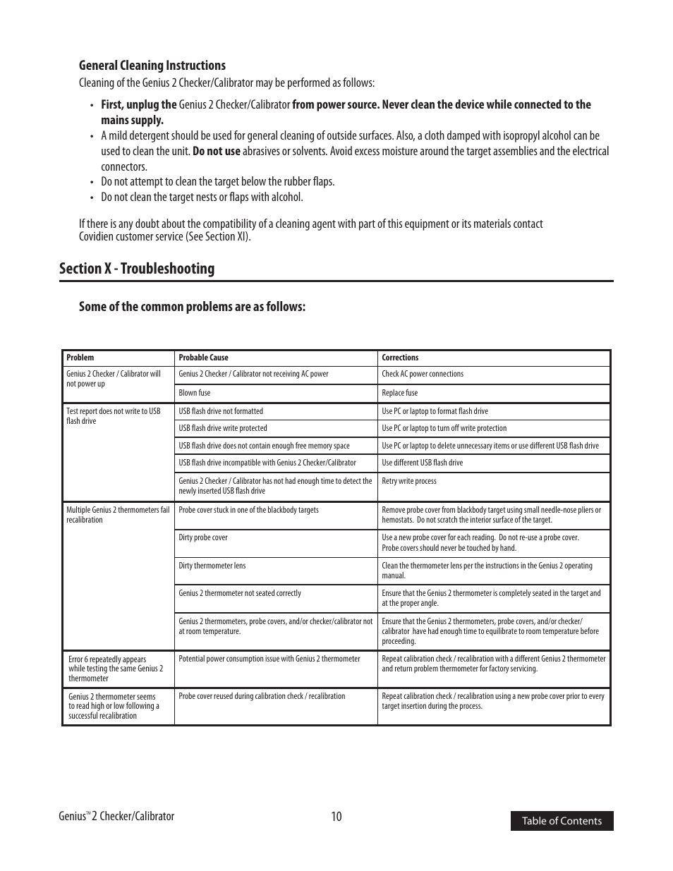 10 general cleaning instructions, Some of the common problems are as follows, Genius | Checker/calibrator | COVIDIEN Genius™ 2 Tympanic Thermometer Checker-Calibrator User Manual | Page 12 / 15