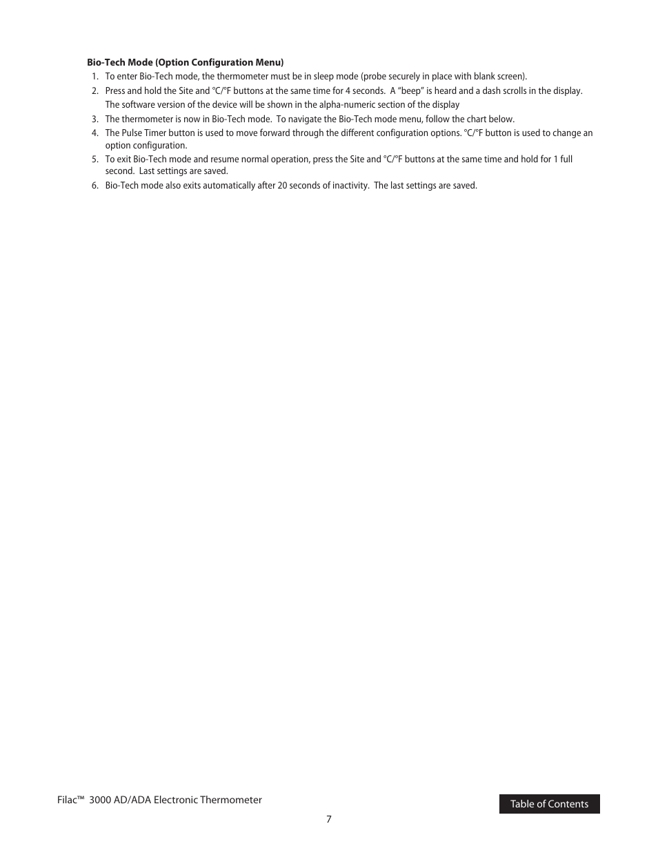 Bio-tech mode (option configuration menu) | COVIDIEN Filac™ 3000 AD/ADA Electronic Thermometer User Manual | Page 10 / 20