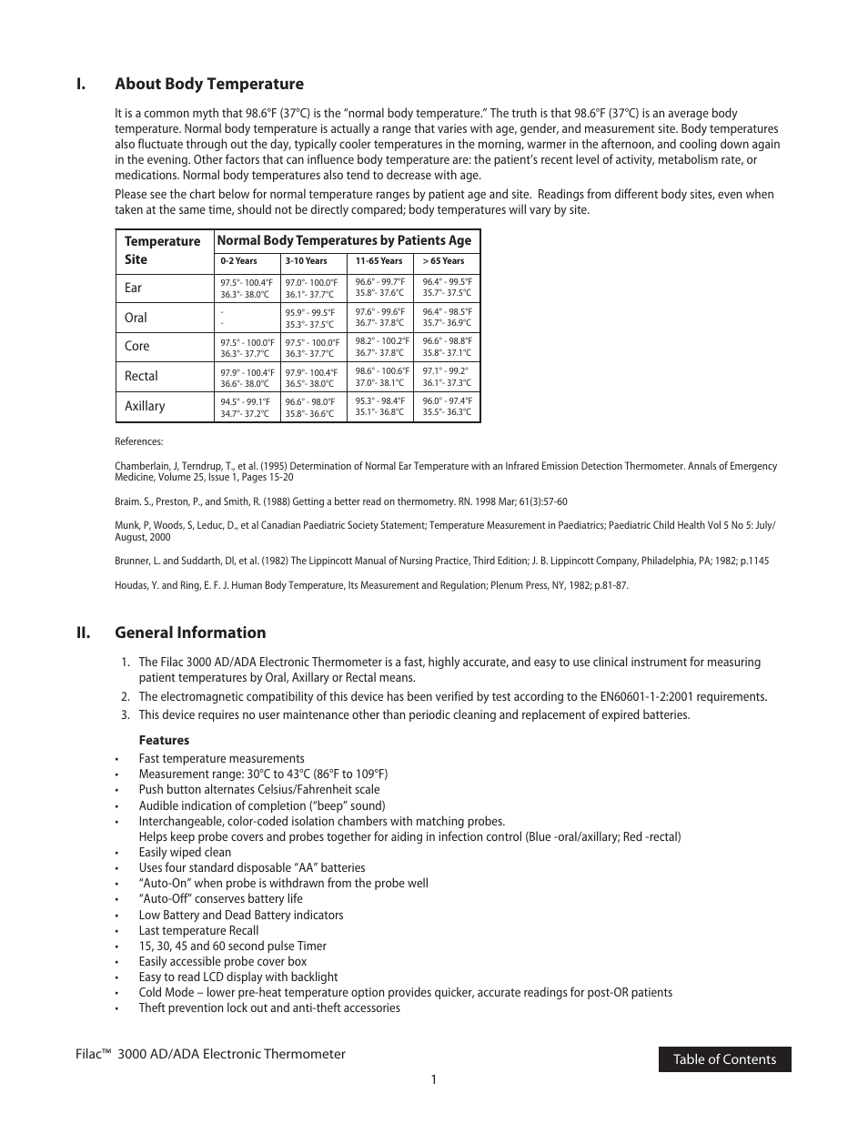 About body temperatures, General information, I. about body temperature | Ii. general information | COVIDIEN Filac™ 3000 AD/ADA Electronic Thermometer User Manual | Page 4 / 20