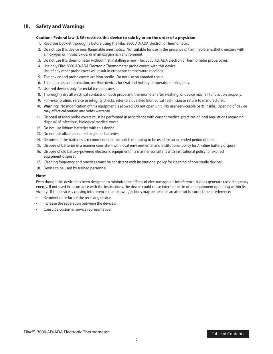 Iii. safety and warnings | COVIDIEN Filac™ 3000 AD/ADA Electronic Thermometer User Manual | Page 5 / 20