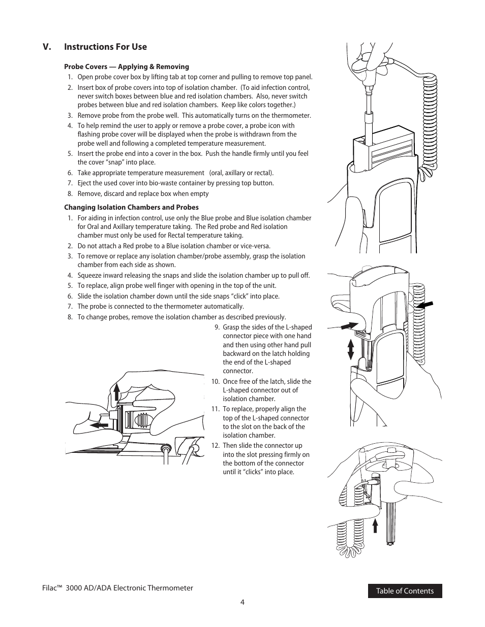 Instructions for use, Probe covers — applying & removing, Changing isolation chambers and probes | V. instructions for use | COVIDIEN Filac™ 3000 AD/ADA Electronic Thermometer User Manual | Page 7 / 20