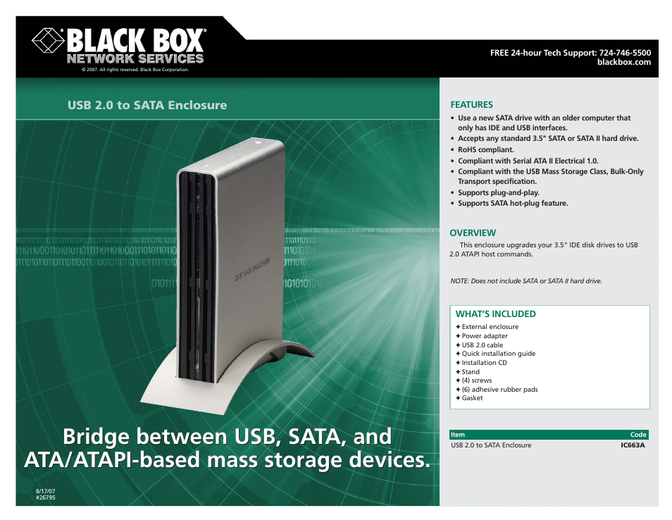 Black Box USB 2.0 to SATA Enclosure User Manual | 1 page