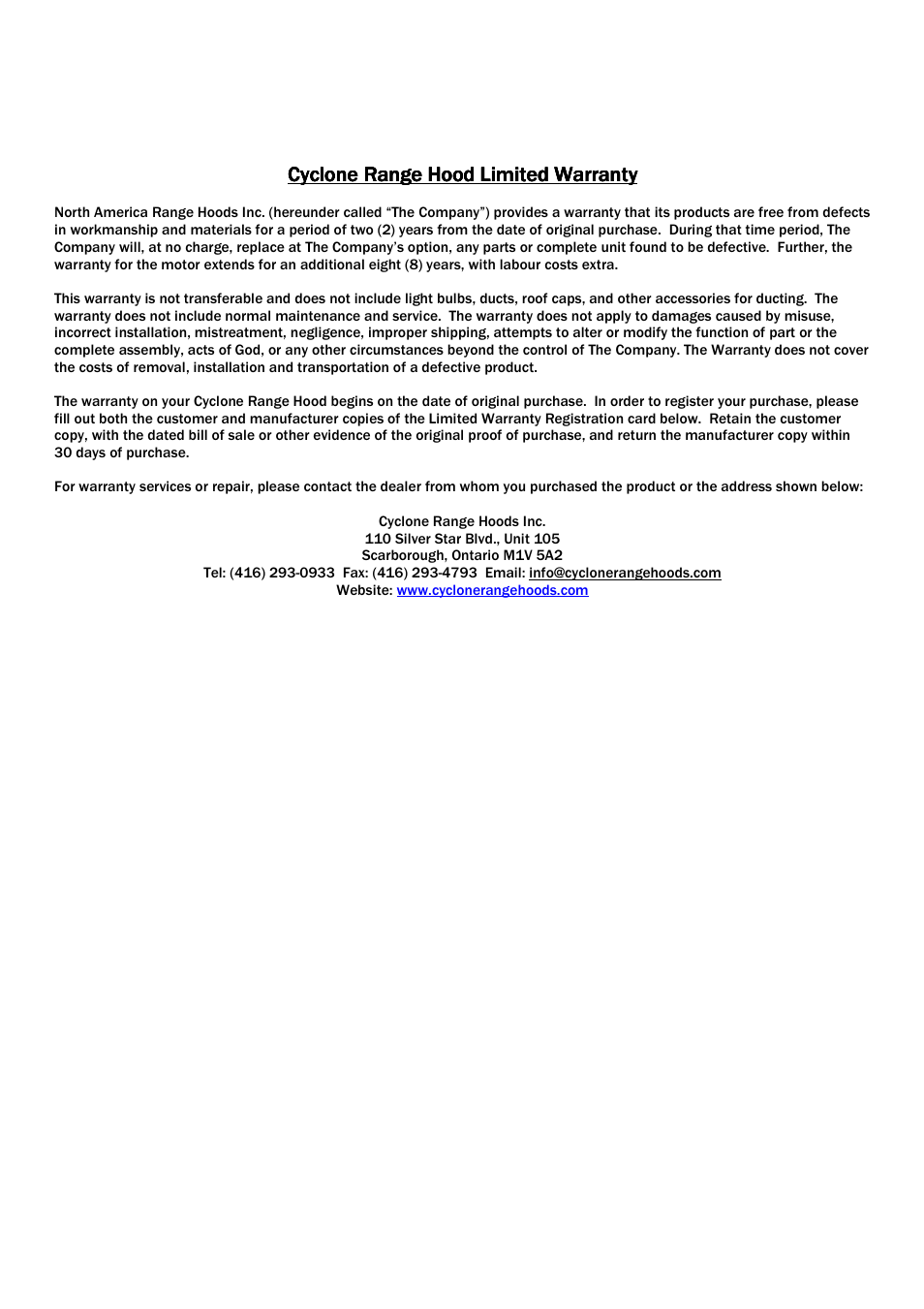 Cyclone range hood limited warranty | CyClone BOX2000 User Manual | Page 9 / 9