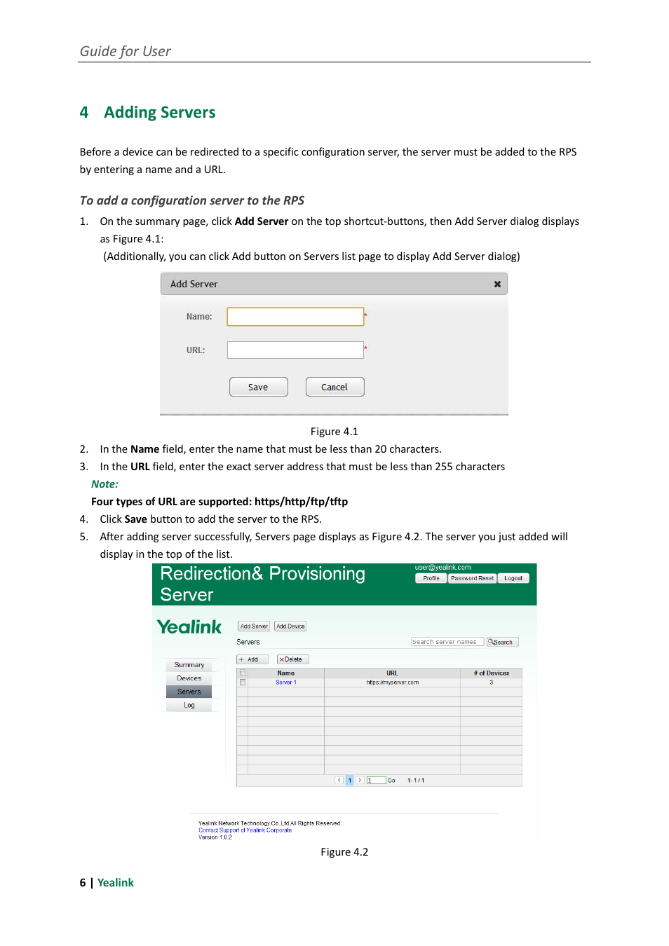 4 adding servers, To add a configuration server to the rps, Adding servers | Guide for user | Yealink RPS User Manual | Page 10 / 18