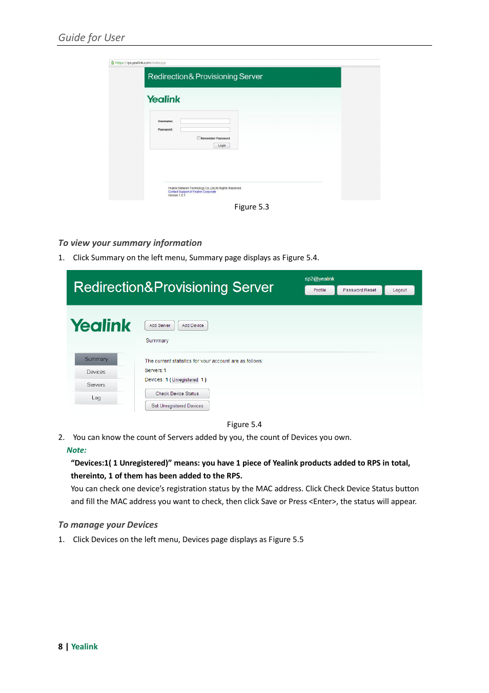 To view your summary information, To manage your devices, Guide for user | Yealink RPS User Manual | Page 12 / 18