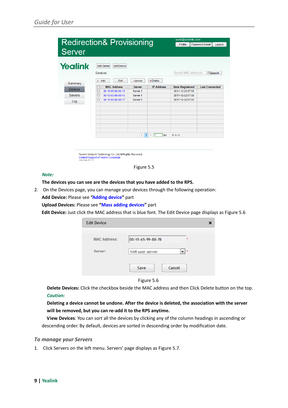 To manage your servers, Guide for user | Yealink RPS User Manual | Page 13 / 18
