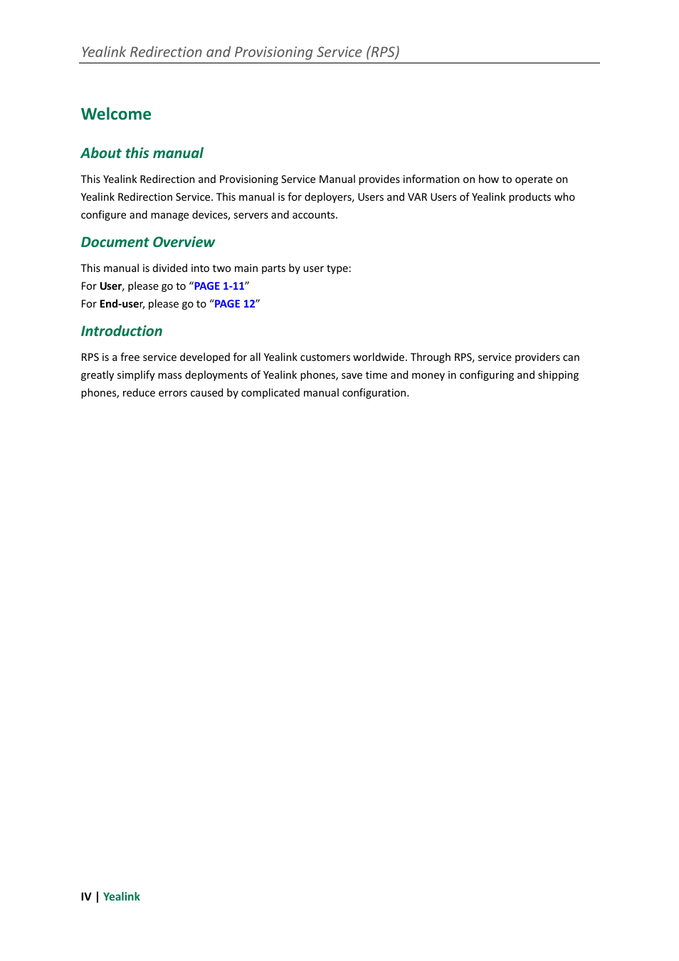 Welcome, Yealink redirection and provisioning service (rps), About this manual | Document overview, Introduction | Yealink RPS User Manual | Page 4 / 18