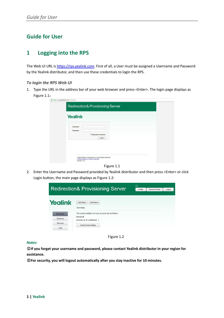 Guide for user, 1 logging into the rps, To login the rps web ui | Logging into the rps, Guide for user 1 logging into the rps | Yealink RPS User Manual | Page 5 / 18