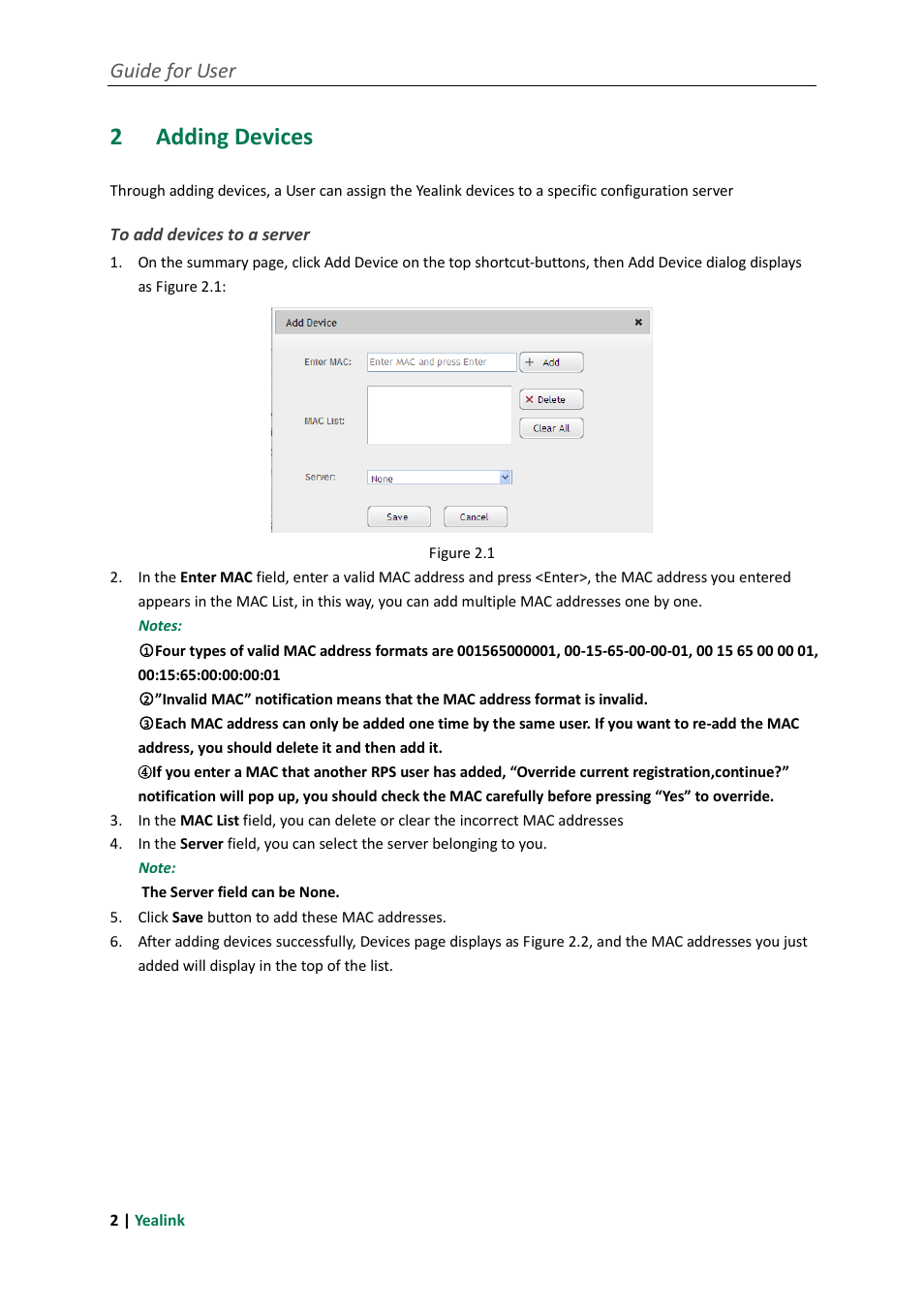 2 adding devices, To add devices to a server, Adding devices | Guide for user | Yealink RPS User Manual | Page 6 / 18