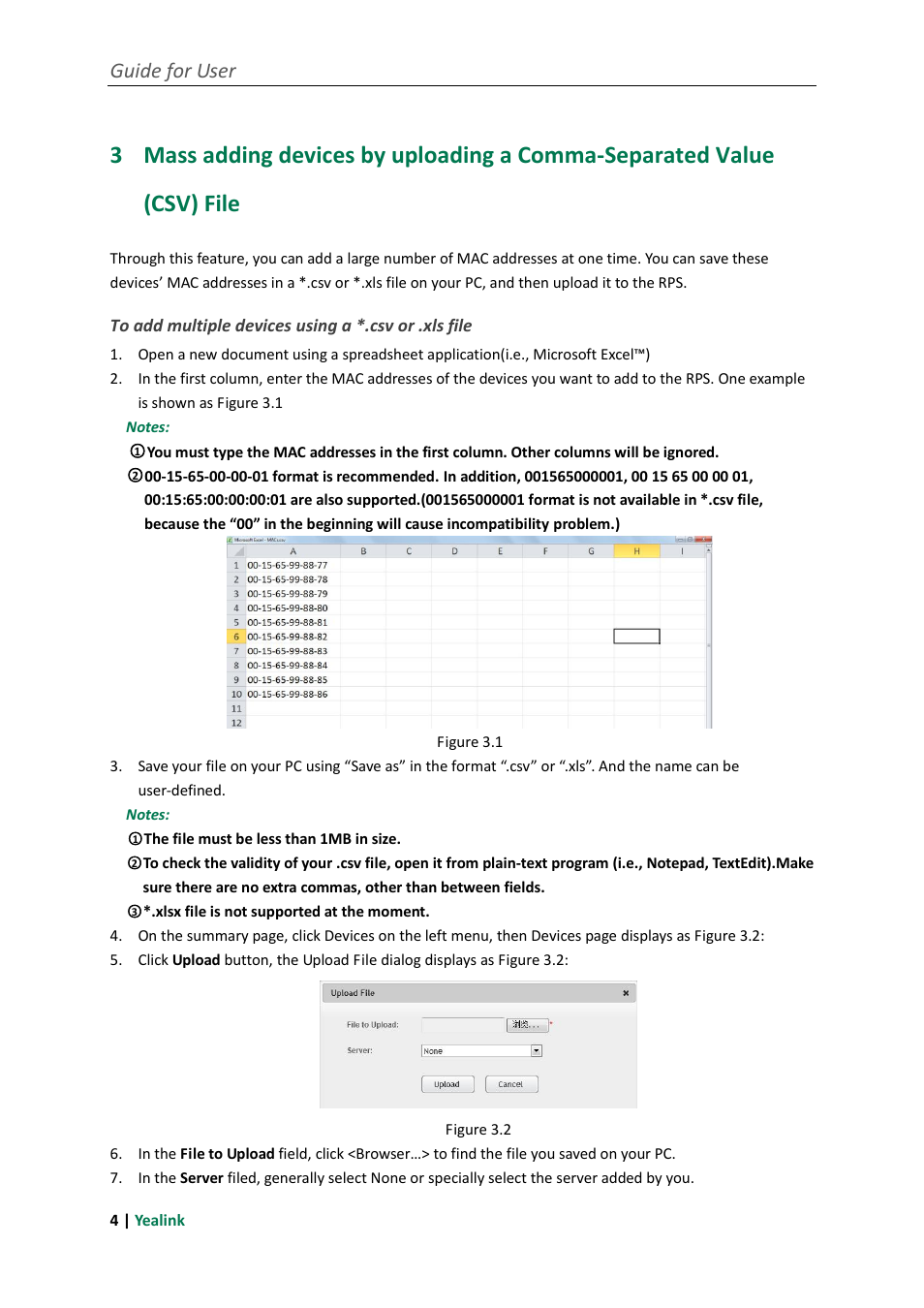 To add multiple devices using a *.csv or .xls file, Guide for user | Yealink RPS User Manual | Page 8 / 18