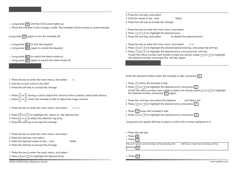 Yealink w52p & w52h quick reference guide 02.pdf, Basic operations, Handset settings | Basic call features | Yealink W52H User Manual | Page 2 / 2