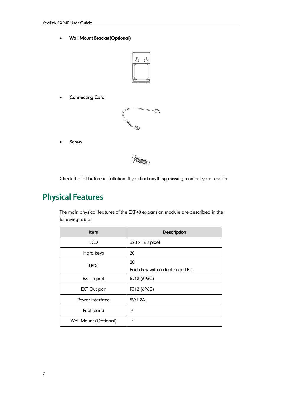 Physical features | Yealink EXP40 User Manual | Page 10 / 45