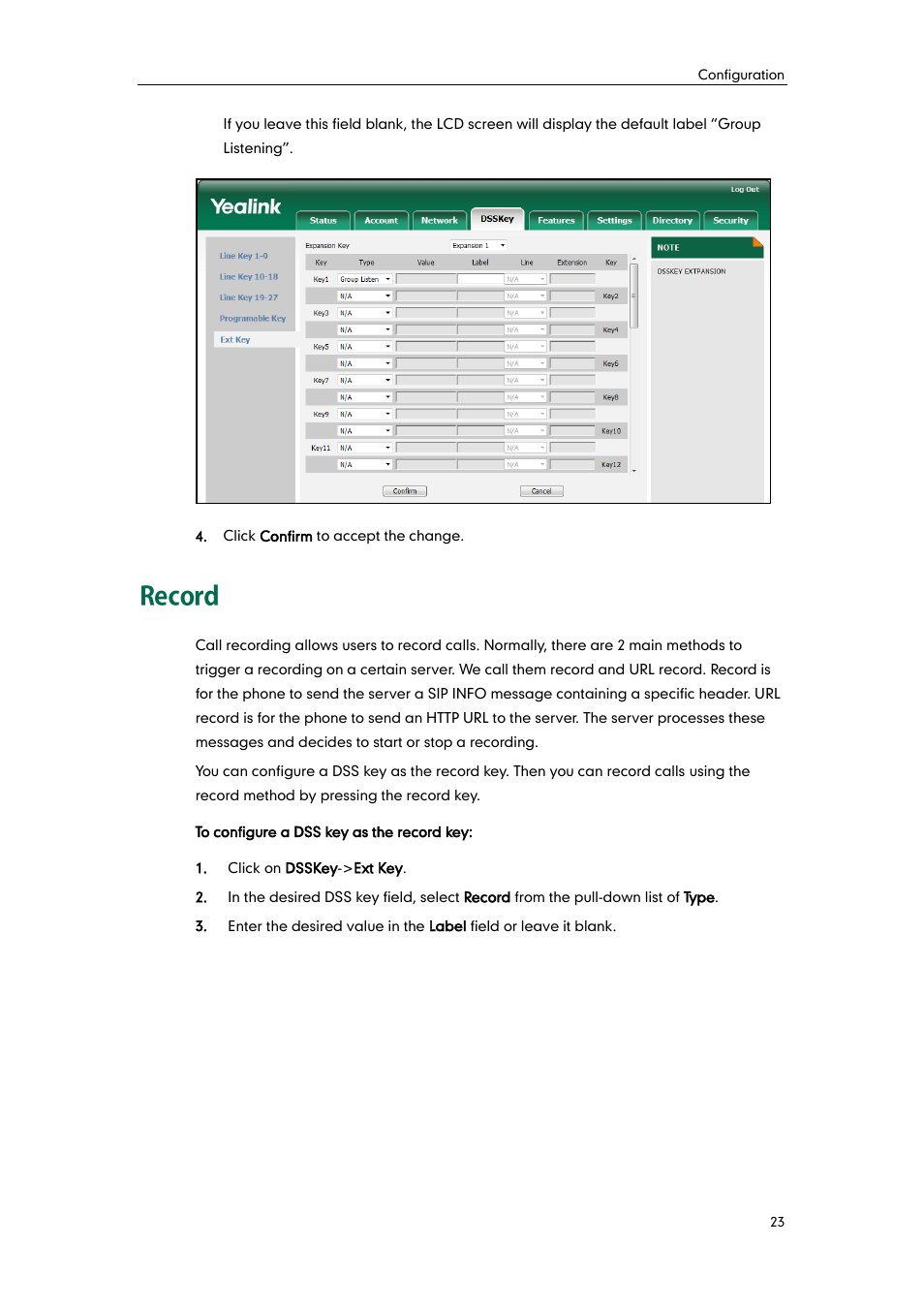Record | Yealink EXP40 User Manual | Page 31 / 45