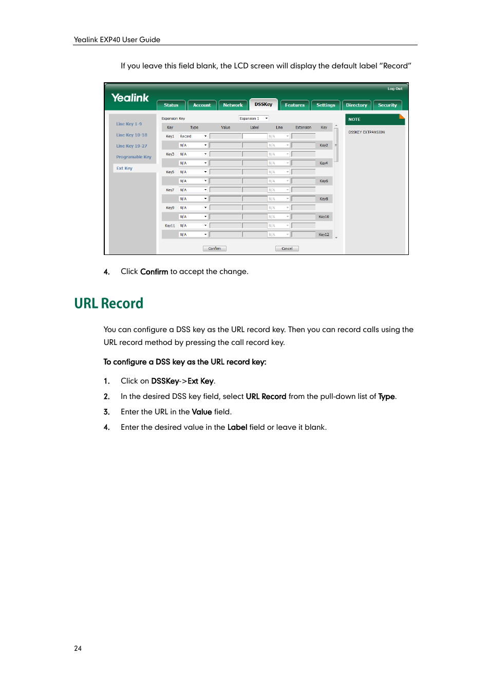 Url record | Yealink EXP40 User Manual | Page 32 / 45