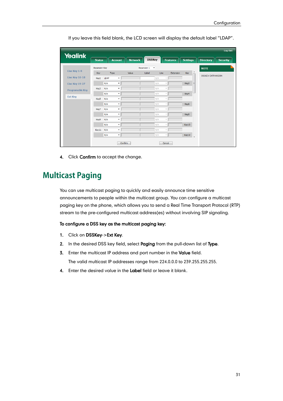 Multicast paging | Yealink EXP40 User Manual | Page 39 / 45