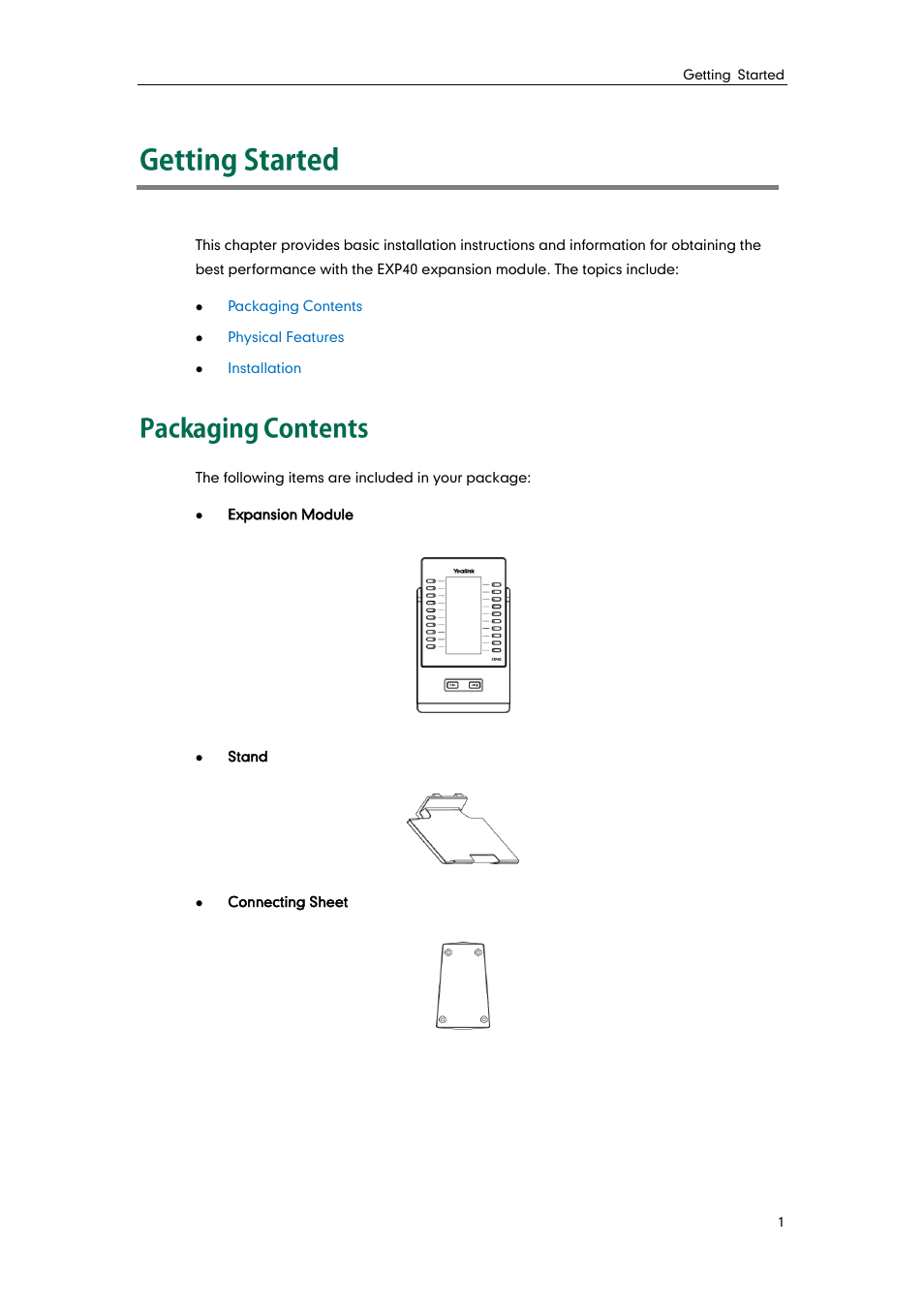Getting started, Packaging contents | Yealink EXP40 User Manual | Page 9 / 45