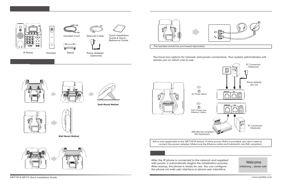 T19(2).pdf, Packaging contents assembling the phone, Welcome | Startup, B) detach the stand, A) attach the stand | Yealink SIP-T19 User Manual | Page 2 / 2