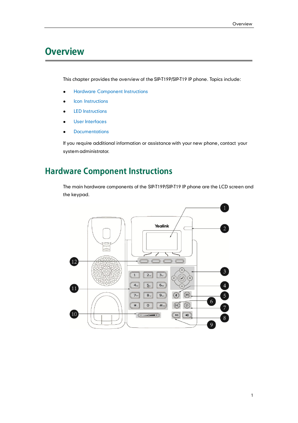 Overview, Hardware component instructions | Yealink SIP-T19 User Manual | Page 11 / 126