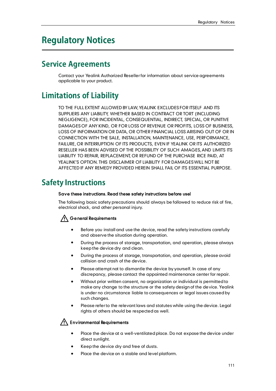 Regulatory notices, Service agreements, Limitations of liability | Safety instructions | Yealink SIP-T19 User Manual | Page 121 / 126
