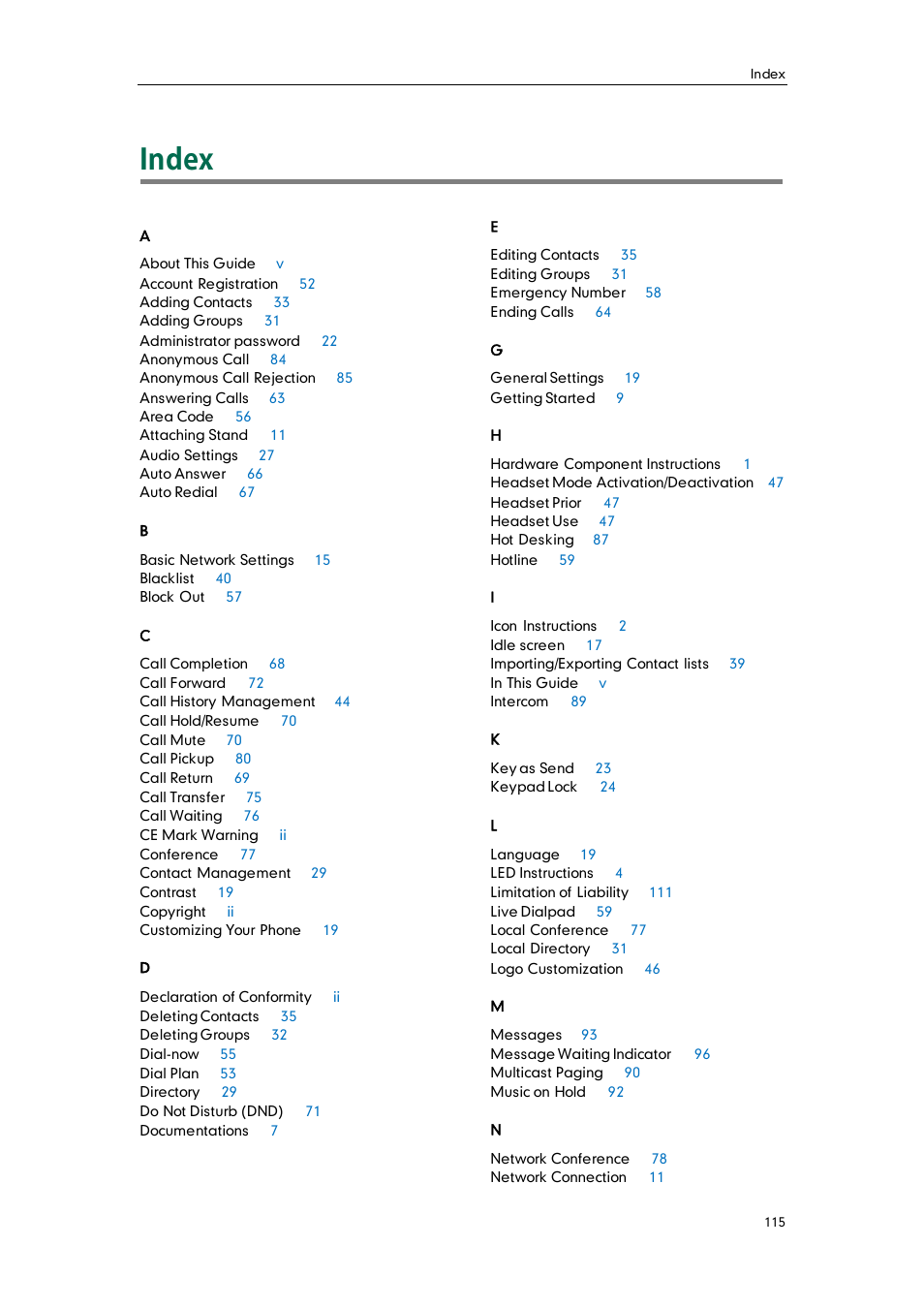 Index | Yealink SIP-T19 User Manual | Page 125 / 126