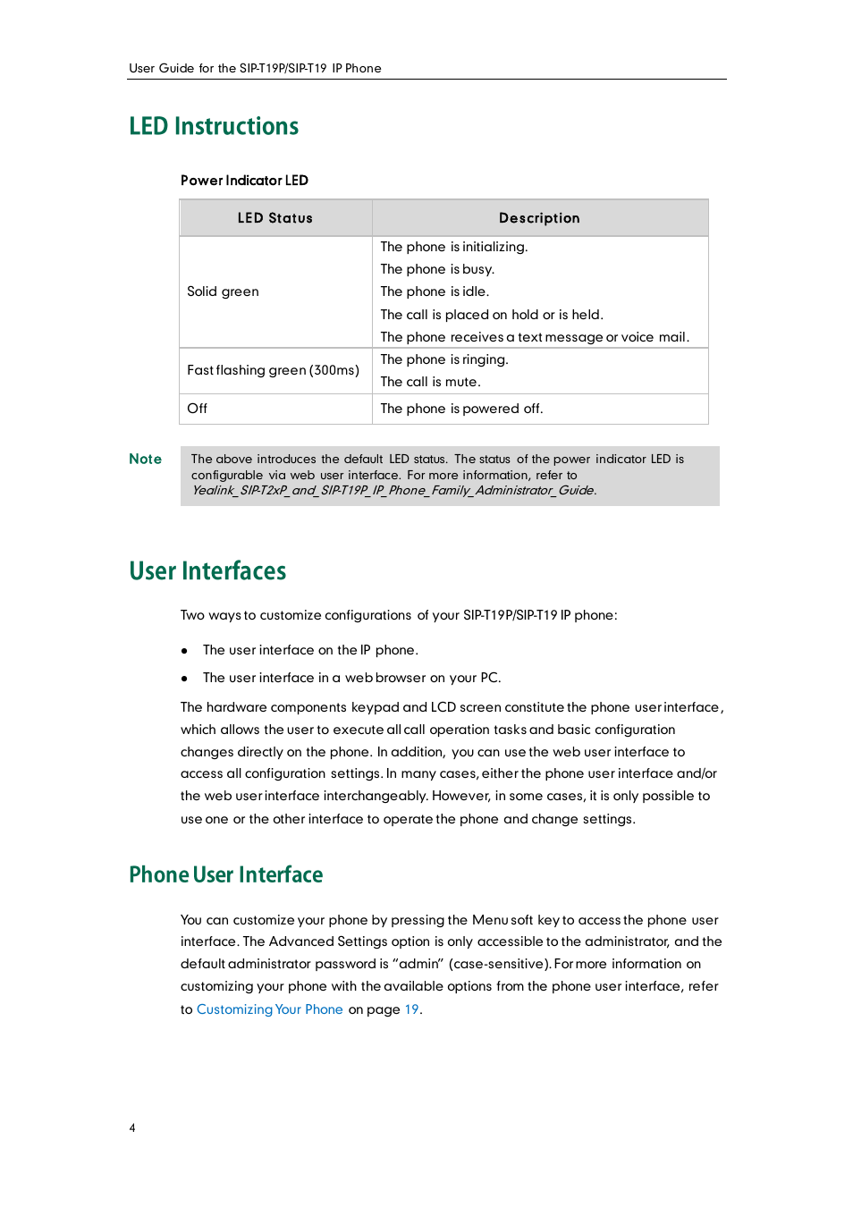 Led instructions, User interfaces, Phone user interface | Yealink SIP-T19 User Manual | Page 14 / 126