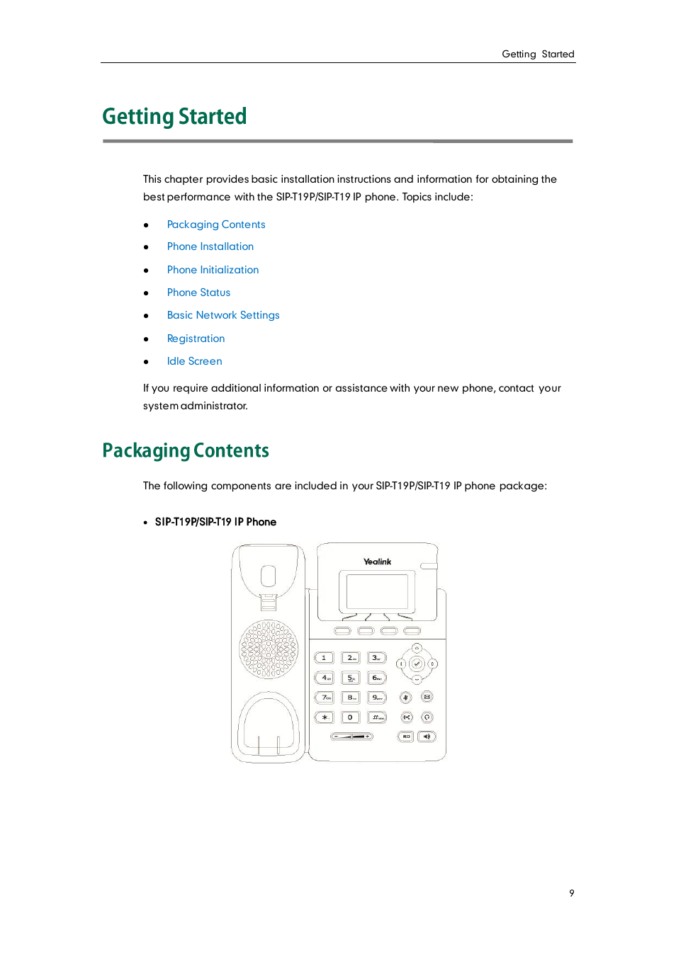 Getting started, Packaging contents | Yealink SIP-T19 User Manual | Page 19 / 126
