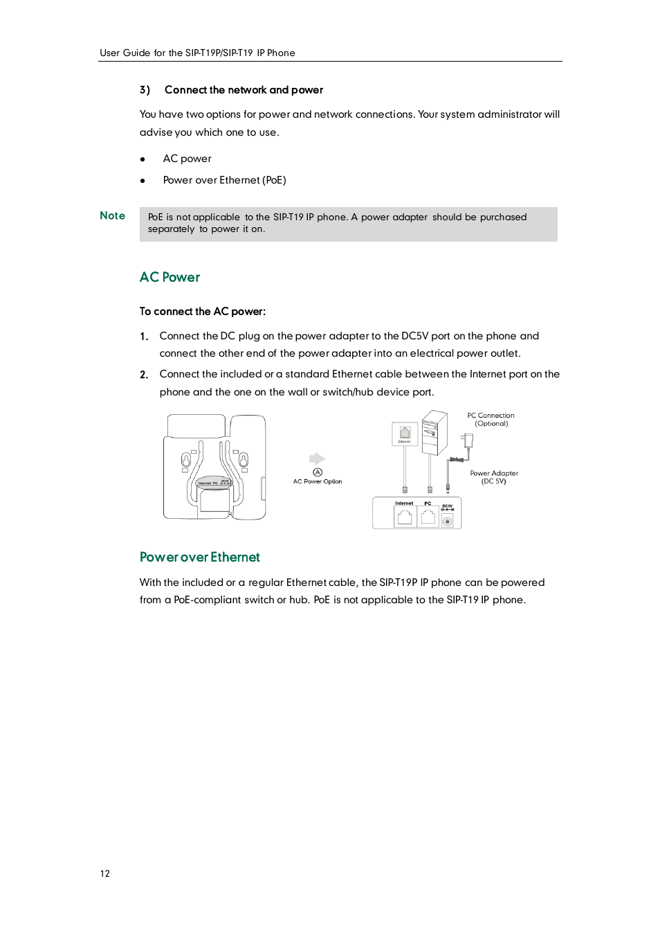 Ac power, Power over ethernet | Yealink SIP-T19 User Manual | Page 22 / 126