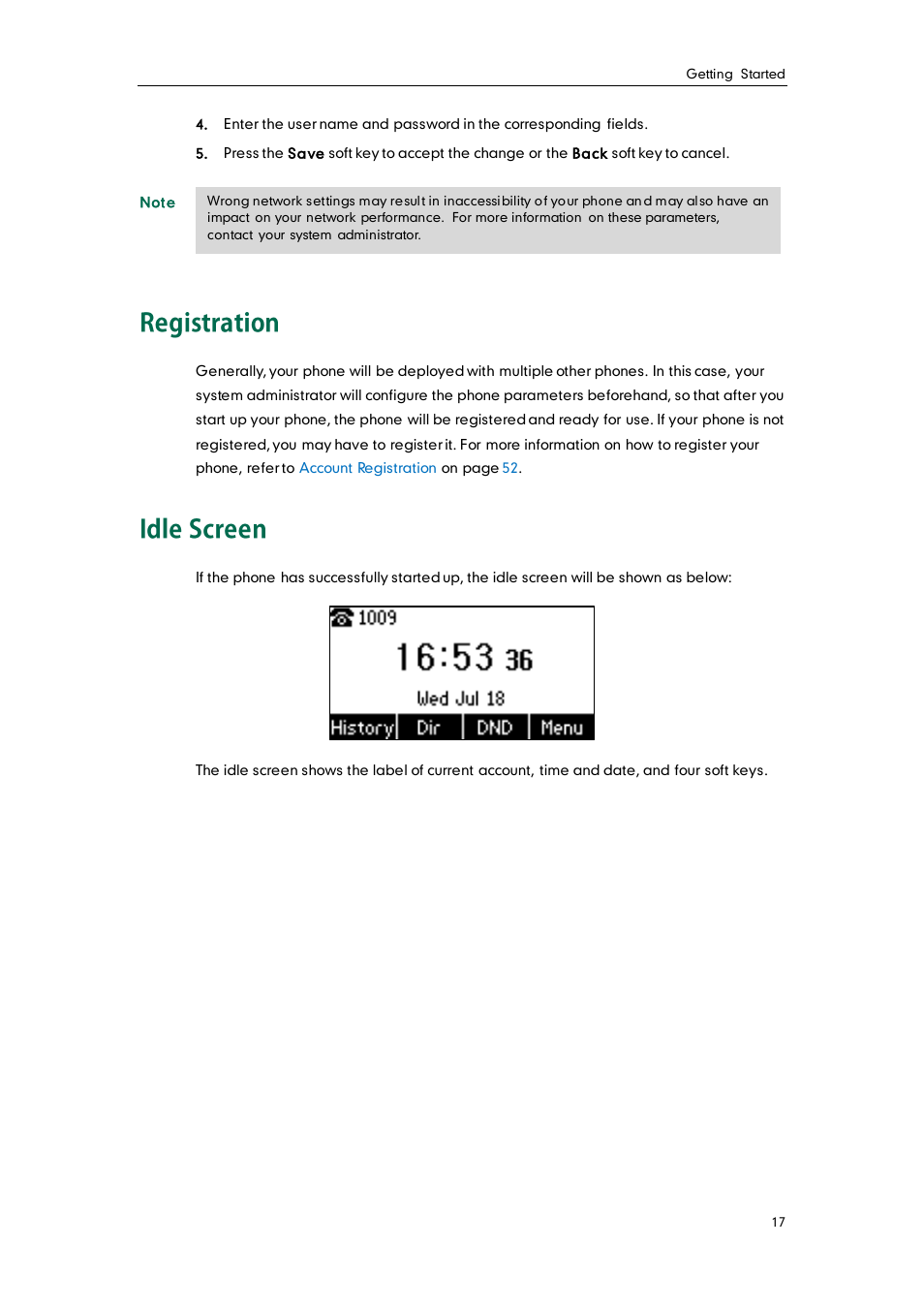 Registration, Idle screen | Yealink SIP-T19 User Manual | Page 27 / 126