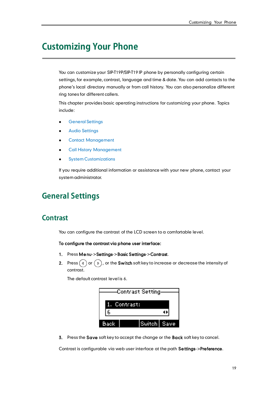Customizing your phone, General settings, Contrast | Yealink SIP-T19 User Manual | Page 29 / 126