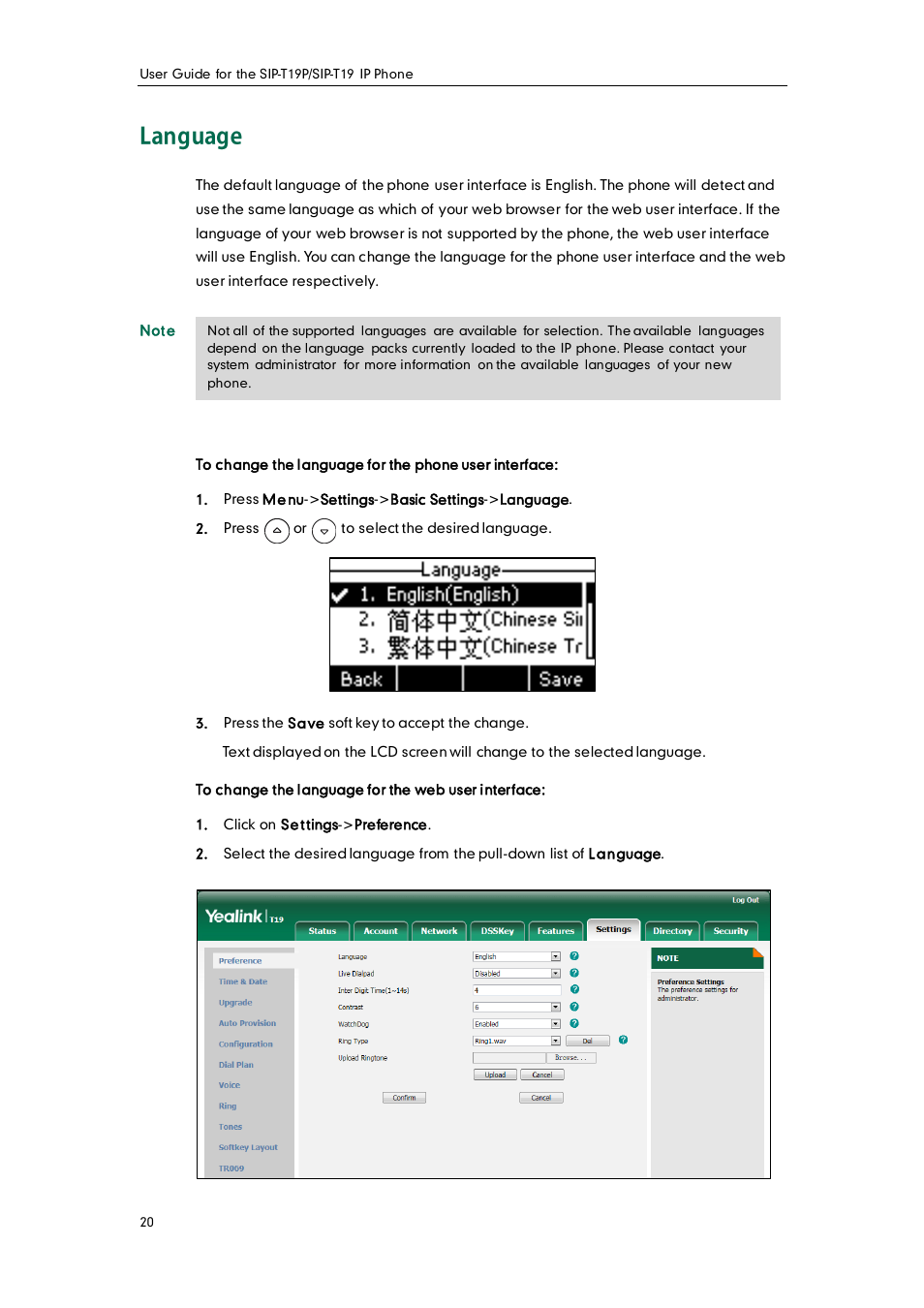 Language | Yealink SIP-T19 User Manual | Page 30 / 126