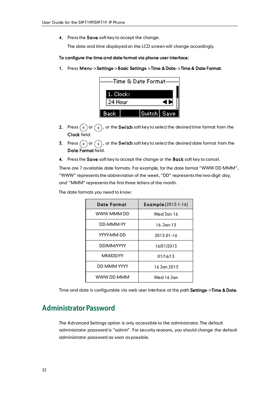 Administrator password | Yealink SIP-T19 User Manual | Page 32 / 126