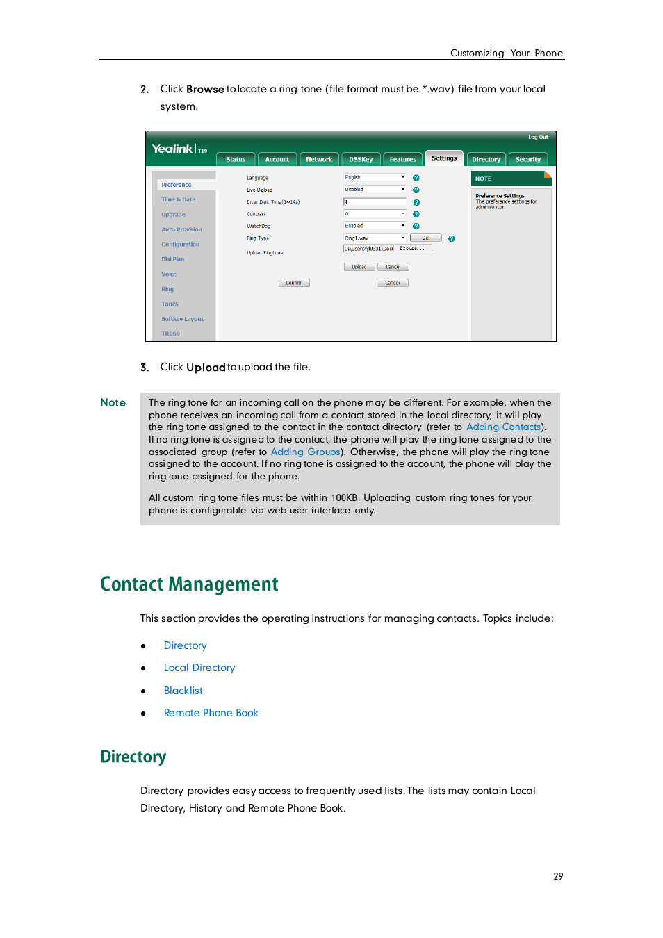 Contact management, Directory | Yealink SIP-T19 User Manual | Page 39 / 126
