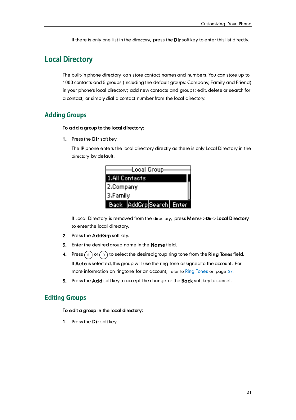 Local directory, Adding groups, Editing groups | Yealink SIP-T19 User Manual | Page 41 / 126