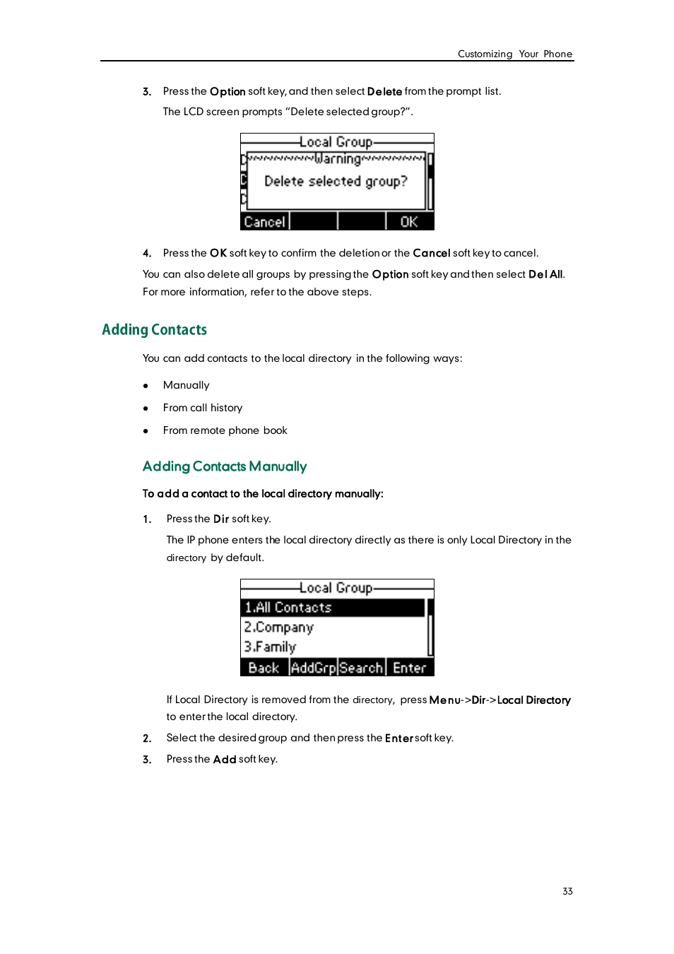 Adding contacts, Adding contacts manually | Yealink SIP-T19 User Manual | Page 43 / 126